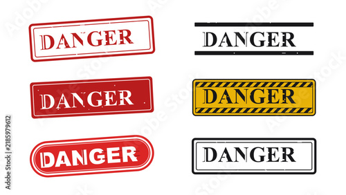 Red, Yellow, and Black Danger Warning Stamp Label Set for Industrial Safety Signs and Website Error Alert Messages