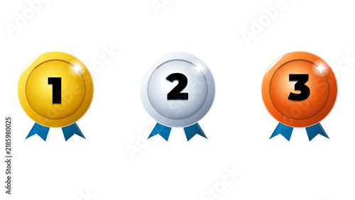 Gold, Silver, and Bronze Award Medal Icon Set with Blue Ribbons for Competition Winners and Gamification App Interfaces