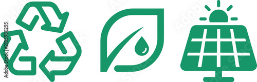 Set of three eco-friendly recycling and renewable energy icons