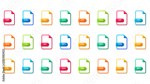 Colorful Document File Format Icon Set Including PDF, DOC, JPG, MP3, and Video Extensions for Digital Storage Platforms