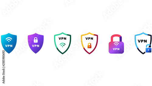 VPN Security Shield and Lock Icon Set with Wi-Fi Symbols for Cybersecurity Apps, Private Networks, and Data Protection UIs