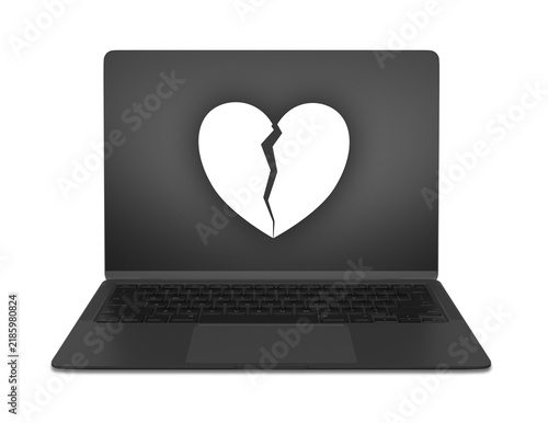 Canvastavla Un ordenador portátil negro con pantalla gris y un icono de corazón roto blanco