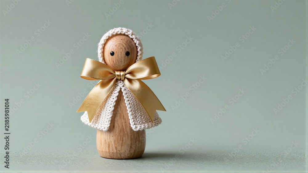 Fototapeta premium Wooden doll with knitted bonnet and golden bow, serene against soft green backdrop.
