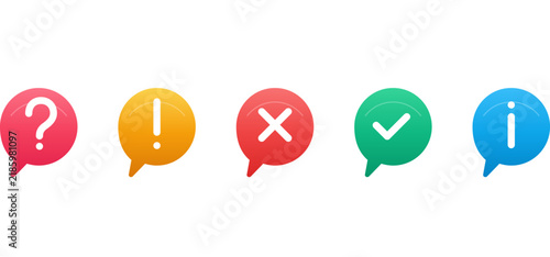 Colorful Essential Alert and Notification Icon Set Including Question, Exclamation, Cross, Checkmark, and Information Symbols