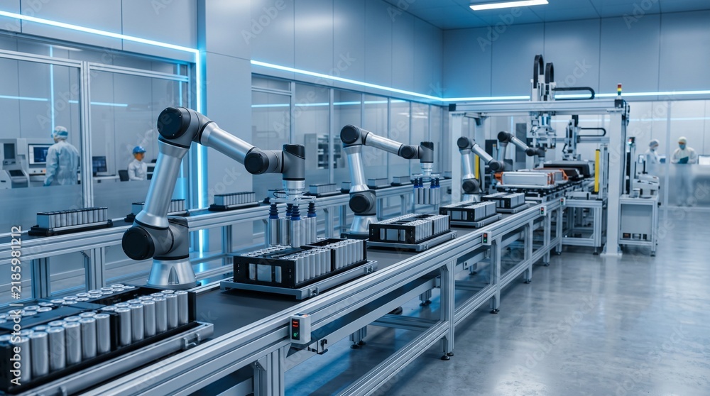 Fototapeta premium Automated robotic arms assembling lithium battery cells on conveyor line in modern high tech manufacturing factory facility.