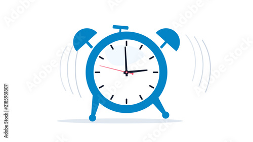 Classic Blue Twin Bell Alarm Clock Vector Illustration with Ringing Motion Lines for Time Management Apps and Reminder Alerts