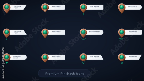 Premium Bronze and Green Location Pin Point Icon Set for Digital Maps, GPS Navigation Apps, and Geographic Positioning UIs