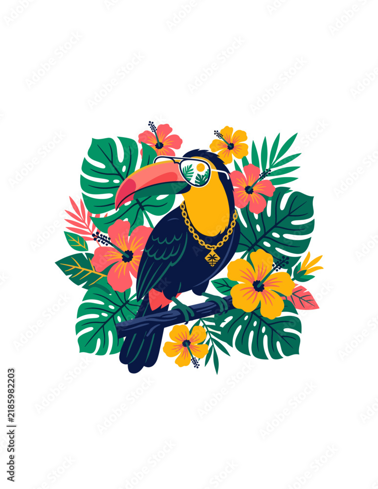 Obraz premium Tropical Toucan Vector Illustration Wearing Sunglasses and Gold Chain Surrounded by Hibiscus Flowers and Monstera Leaves for Summer Party and Exotic Vacation Designs