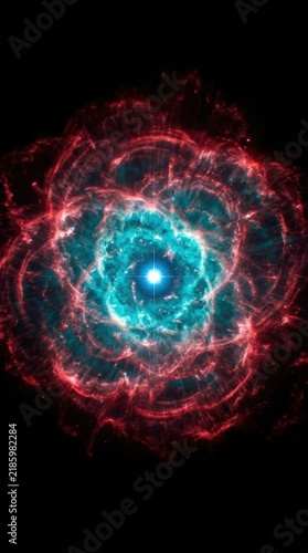 planetary nebula with glowing gas shells and bright central star