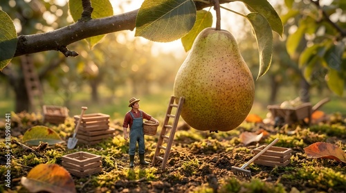 Larger Pear Hanging Over Miniature Farm Scene with Small Farmer Figures Arranging Tools