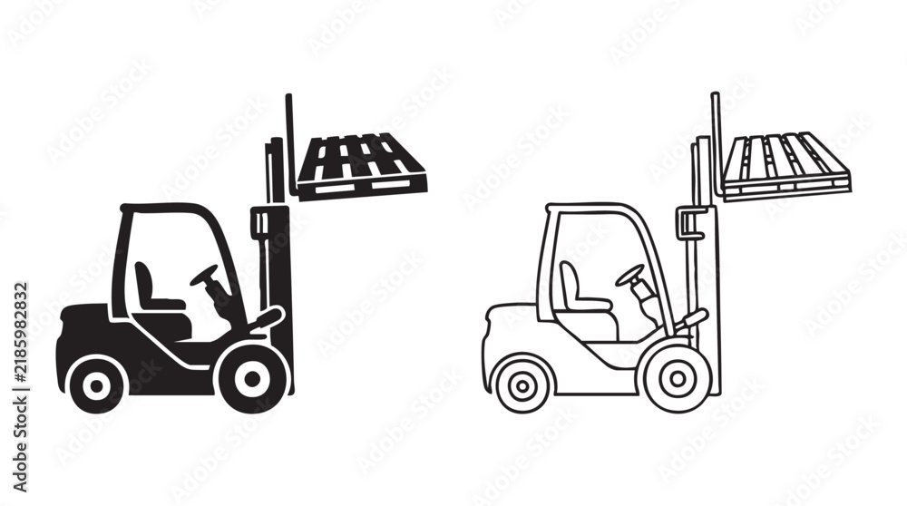 Naklejka premium forklift black silhouette with line art vector pair icon