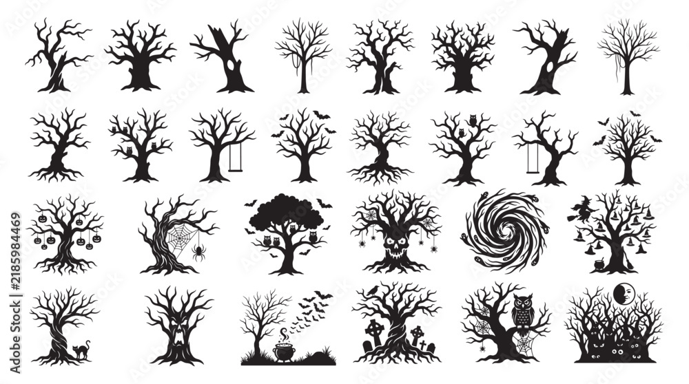 Fototapeta premium Halloween Tree Silhouettes Collection: Spooky Bare Trees With Bats, Owls, Pumpkins, Webs and Graveyard Elements 
