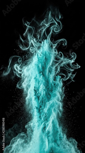 Turquoise powder explosion with smoke and particles on black background