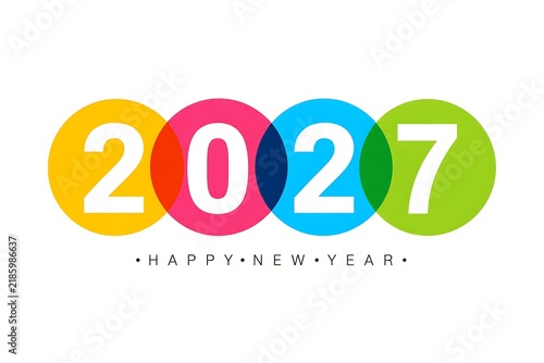 2027 Happy New Year greeting card design with colorful overlapping circles and typography