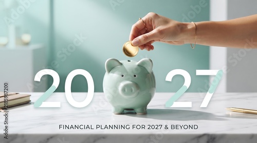 Saving money for new year 2027 with a piggy bank and hand financial planning concept