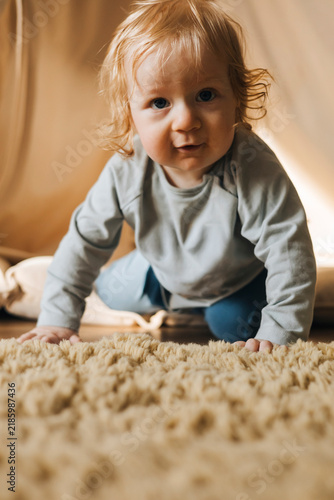 Cute little baby crawling on a soft carpet at home and looking directly at the camera. Adorable toddler exploring the home interior in natural light, representing childhood, development, curiosity