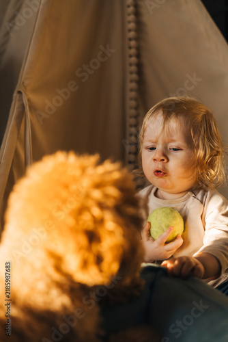 Curious toddler sitting on the floor and playing with a pet dog and colorful ball at home. Candid childhood moment showing friendship between a young child and family pet.