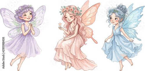 Three cute little fairy characters with colorful wings and elegant dresses drawn in a whimsical watercolor style on white background