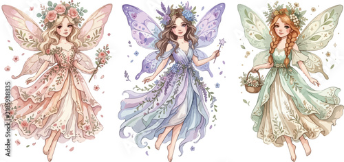 Three beautiful watercolor fairy characters with delicate wings and floral crowns standing together in a magical whimsical forest setting illustration