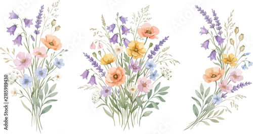 Set of three beautiful watercolor wildflower bouquets featuring delicate purple bluebells and soft orange blossoms on a white background