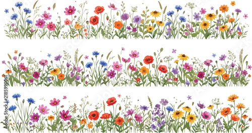 A beautiful collection of three watercolor floral borders featuring colorful wildflowers and green grass isolated on a white background