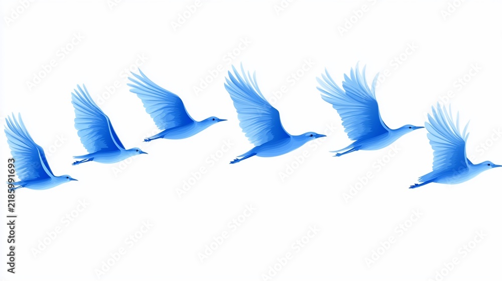 Obraz premium Blue birds flying in formation, white background, freedom concept, design element