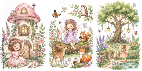 Whimsical watercolor illustration featuring cute little fairies living in a magical forest with woodland animals and enchanted mushroom houses