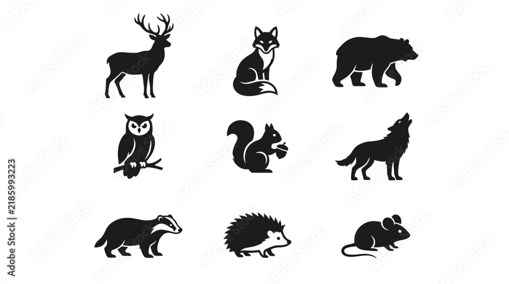 Obraz premium Forest animals silhouettes collection including deer fox bear owl squirrel and wolf