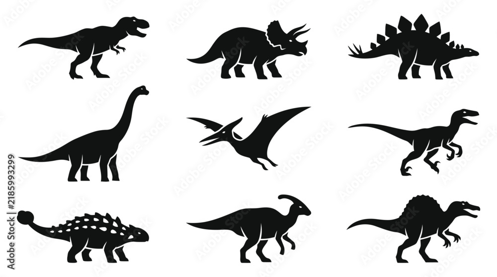 Obraz premium Black dinosaur silhouettes collection featuring various prehistoric reptile species icons