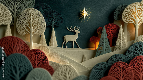A creative 3D paper art piece featuring a stylish, modern forest scene on Christmas night, complete with a reindeer and wishing stars.