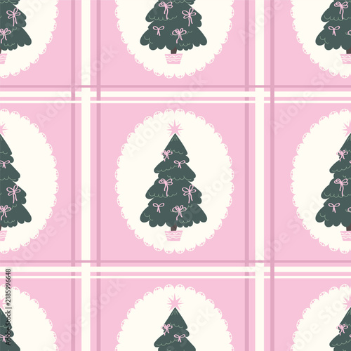 Christmas tree seamless pattern background with pink bows. Festive Christmas tree seamless pattern background featuring dark green trees decorated with pink bows on a soft pink plaid backdrop.