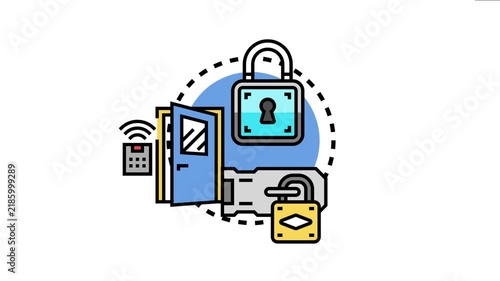 Object different components of a secure access system, showing a padlock, a door, a key remote, and a door lock, representing protection and control
