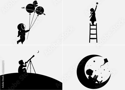 Cute Kids Dream and Space Silhouette Vector Bundle - Children Fantasy Moon, Telescope, and Astronaut Graphics