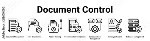 Document Control web banner icon vector illustration concept for business with icon of Document Management, File Organization, Record Keeping, Documentation Compliance, Correspondence Management,.