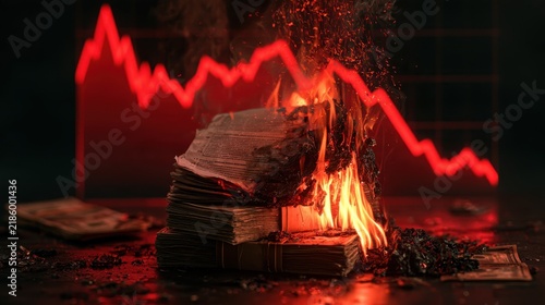 Burning money in front of financial chart representing economic downturn, stock market crash, and loss of investments in dramatic depiction of recession