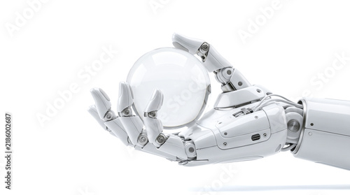 white robotic cyborg hand holding transparent glass sphere isolated on clear background representing artificial intelligence and future technology innovation concept