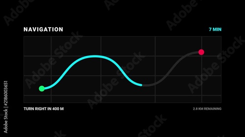 GPS navigation route tracker animation with elevation curve line and turn by turn direction map concept