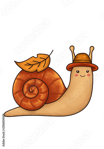 Niedliche Schnecke mit Hut, Herbstblatt und orangefarbenem Schneckenhaus, Clipart
