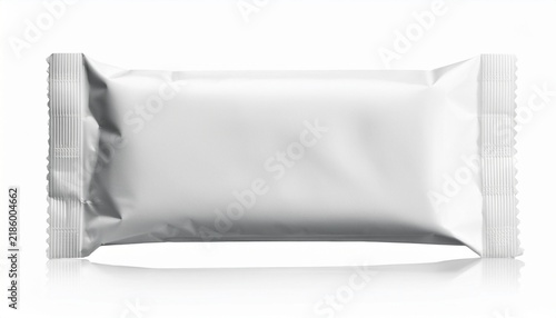 a rectangular white sachet packet mockup for food or cosmetic products isolated on a white background for branding and product packaging