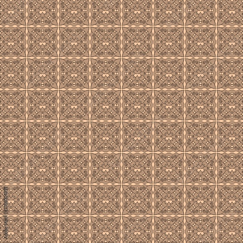 Принти на полотні Elegant symmetric geometric pattern in soft beige tones with thin black swirling line work forming fine ornamental mesh grids