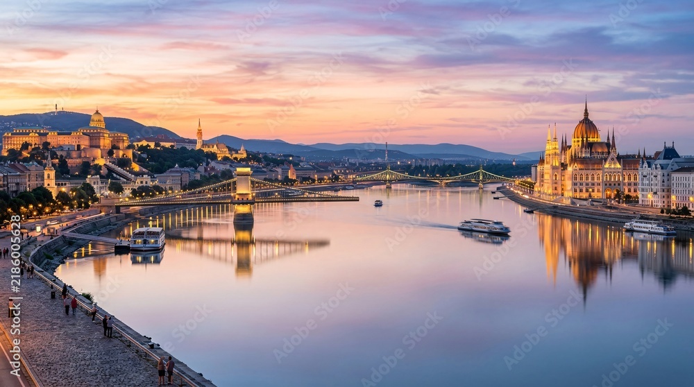 Obraz premium Sunset over a historic European river city with elegant bridges and hillside architecture reflected in smooth water under a pastel sky