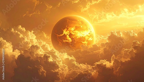 Radiant golden celestial planet emerging from thick luminous clouds in a cosmic sunrise setting