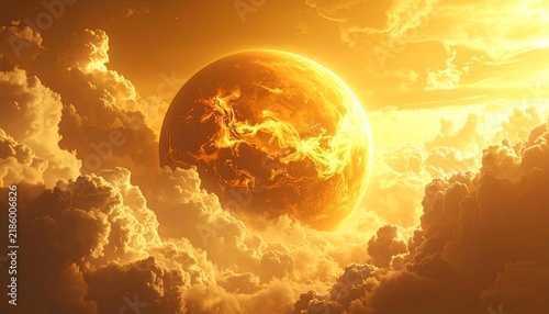 A colossal fiery planet descends or rises amidst a sea of golden, sunlit clouds, illuminating the cosmic expanse with an awe-inspiring, vibrant glow
