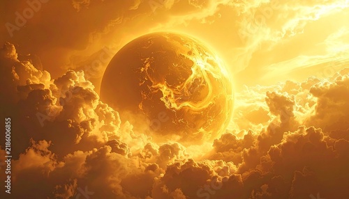 Glowing celestial planet emerging from golden clouds in a cosmic heavenly dreamlike landscape with ethereal light