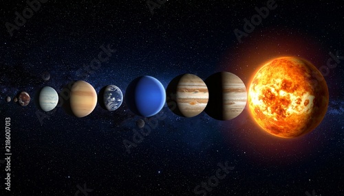 Linear alignment of the planets in the solar system glowing in deep space near a bright burning star