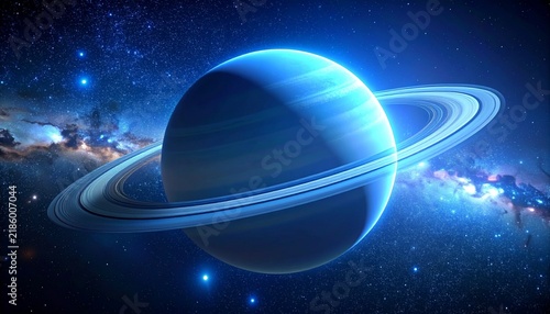 Stunning digital illustration of a glowing blue ringed planet in deep space with distant stars