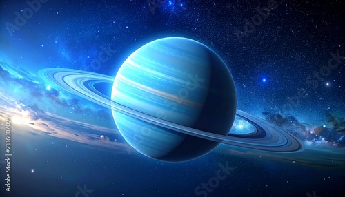 Vibrant blue ringed planet floating in a deep space nebula with glowing stars illustration