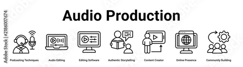 Audio Production web banner icon vector illustration concept for business with icon of Podcasting Techniques, Audio Editing, Editing Software, Authentic Storytelling, Content Creator, Online.