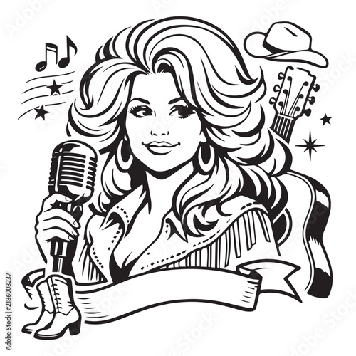 Retro Country Music Singer with Guitar and Vintage Microphone – Black and White Line Art