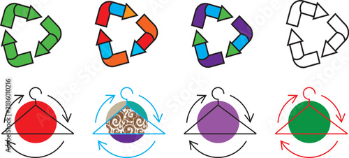 Sustainable fashion recycling icons set. Eco clothing care and textile reuse symbols vector illustration